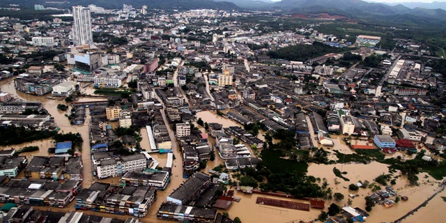 An aerial view shows the flooded Hat Yai district of Songkhla province, south of Bangkok, on Tuesday Nov 2, 2010. A tropical depression that dumped two days of constant rain on southern Thailand has caused flooding that forced rail service to shut down and thousands of residents to flee.