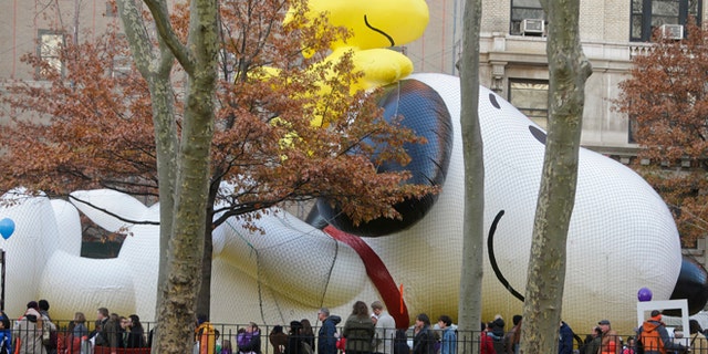 Nov. 25, 2015: People pass the Snoopy with Woodstock balloon as preparations continue for the Macy's Thanksgiving Day Parade.