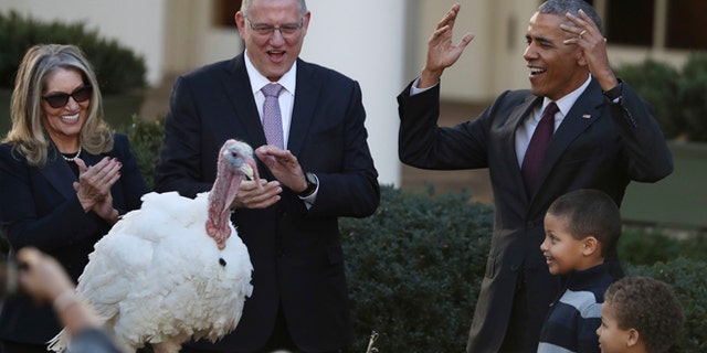 President Barack Obama, with his nephews Aaron Robinson and Austin Robinson, and National Turkey Federation Chairman John Reicks, pardons the National Thanksgiving Turkey, Tot, Wednesday, Nov. 23, 2016, during a ceremony in the Rose Garden of the White House in Washington. This is the 69th anniversary of the National Thanksgiving Turkey presentation. (AP Photo/Manuel Balce Ceneta)