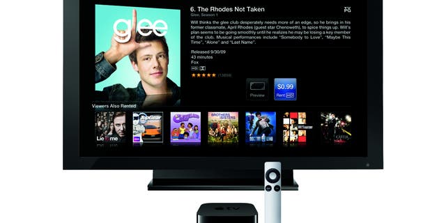 Apple TV streams high-definition web videos from your home PCs to your television.