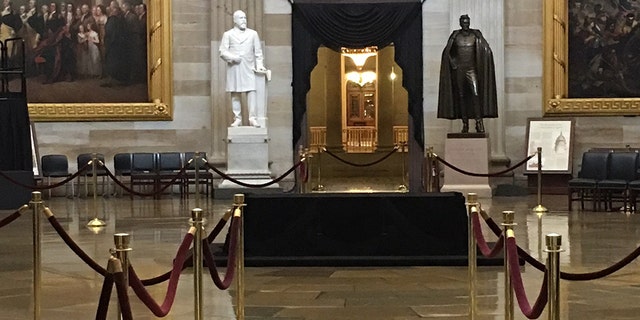 This is the catafalque, the wooden platform used for Lincoln's funeral, on which McCain's casket will rest tomorrow and early Saturday