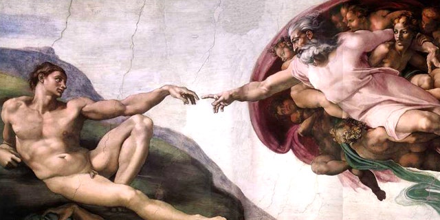 The Creation of Adam, a painting by Michelangelo depicting the biblical scene in which God creates the first man, from the ceiling of the Sistine Chapel.