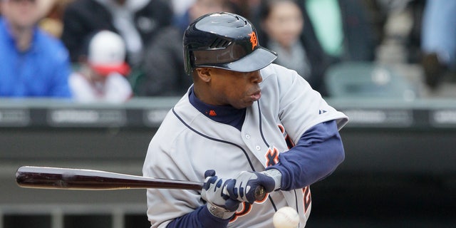 April 14, 2012: Detroit Tigers' Delmon Young is hit by a pitch from Chicago White Sox starter Gavin Floyd during the second inning of an baseball game in Chicago. (AP)