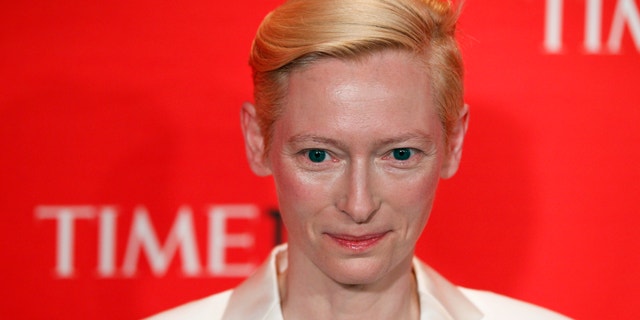 Actress Tilda Swinton arrives to be honored at the Time 100 Gala in New York, April 24, 2012.