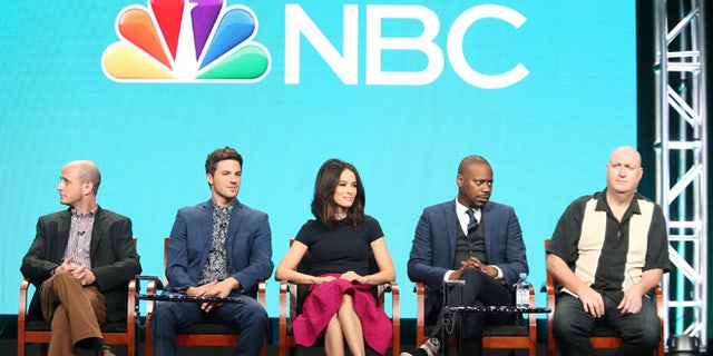BEVERLY HILLS, CA - AUGUST 02: (L-R) Executive producer Eric Kripke, actors Matt Lanter, Abigail Spencer, Malcolm Barrett and executive producer Shawn Ryan speak onstage at the 'Timeless' panel discussion during the NBCUniversal portion of the 2016 Television Critics Association Summer Tour at The Beverly Hilton Hotel on August 2, 2016 in Beverly Hills, California. (Photo by Frederick M. Brown/Getty Images)