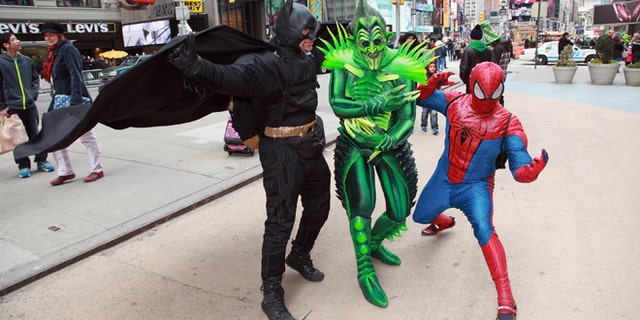 NEW YORK, NY - MARCH 17: The Green Goblin (Actor Bob Cuccioli) takes a stroll through Times Square for the "Spider-Man: Turn off The Dark" St. Patrick's Day Celebration on March 17, 2013 in New York City. (Photo by Taylor Hill/Getty Images)