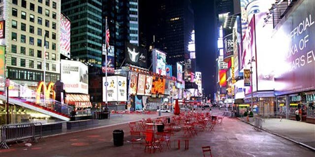 May 1: Times Square is void of pedestrians just south of 46th Street in New York.