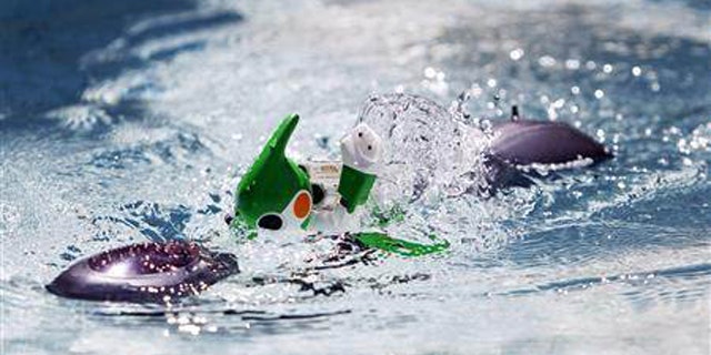 Sept. 15, 2011: Panasonic's "Evolta" swim robot, powered by the company's Evolta rechargable batteries, is demonstrated at a pool during a news conference in Tokyo.