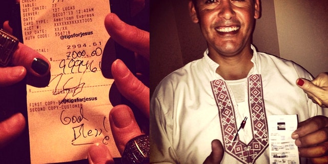 Images from the tipsforjesus Instagram account. A tip for $9,994.61 (left); Carlos Mendez in Punta Mita, Mexico, smiles about his tip worth more than 13,000 pesos (about $1,000).