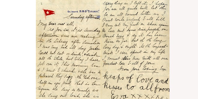 April 26, 2014: These images released by Henry Aldridge And Son Auctioneers show a letter written by Esther Hart and her seven-year-old daughter Eva as they sailed aboard RMS Titanic in April 1912, shortly before the ship struck an iceberg and sank in the North Atlantic Ocean.  Hart survived, and so did the letter she wrote because her husband put the letter inside the pocket of his coat which he gave to his wife to keep warm, giving exquisite details about the voyage aboard the ill-fated Titanic. (AP PHOTO /Henry Aldridge And Son Auctioneers)