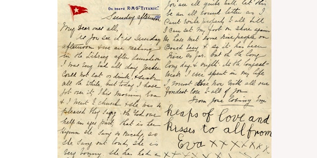 April 26, 2014: These images released by Henry Aldridge And Son Auctioneers show a letter written by Esther Hart and her seven-year-old daughter Eva as they sailed aboard RMS Titanic in April 1912, shortly before the ship struck an iceberg and sank in the North Atlantic Ocean. Hart survived, and so did the letter she wrote because her husband put the letter inside the pocket of his coat which he gave to his wife to keep warm, giving exquisite details about the voyage aboard the ill-fated Titanic. (AP PHOTO /Henry Aldridge And Son Auctioneers)
