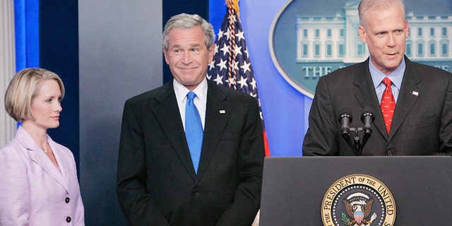 FILE -- August 31, 2007: President George W. Bush (C) reacts as White House Press Secretary Tony Snow speaks while newly announced White House Press Secretary Dana Perino (L) listens in the press briefing room of the White House. White House Press Secretary Tony Snow gave his resignation to the president earlier in the day.