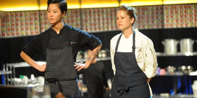 This image released by Bravo shows chef contestants Kristen Kish, left, and Brooke Williamson in a scene from "Top Chef: Seattle."