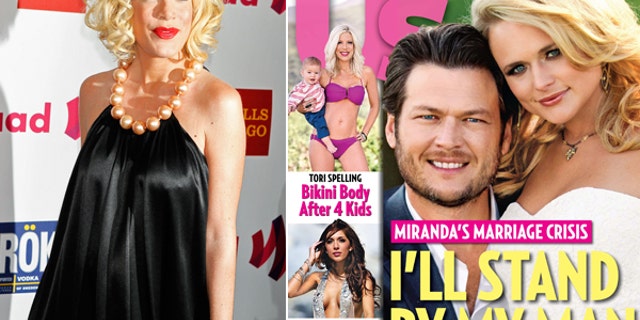 Tori Spelling in 2011, left, and on the cover of US Weekly, right.