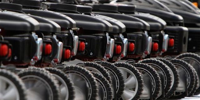 April 25: Lawnmowers are lined up for sale at a Tractor Supply store in Montpelier, Vt.