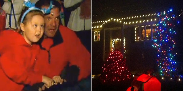 Left, Lily gets ready to see her family's home lit up in Christmas lights. Right, the final product.