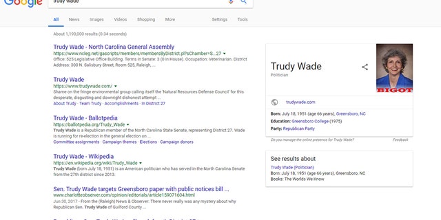 A photo of North Carolina State Senator Trudy Wade appeared in Google's Knowledge Panel with the word 'bigot' written across the bottom.