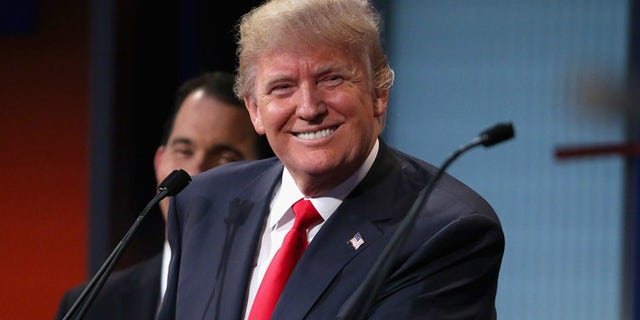 CLEVELAND, OH - AUGUST 06: Republican presidential candidate Donald Trump participates in the first prime-time presidential debate hosted by FOX News and Facebook at the Quicken Loans Arena August 6, 2015 in Cleveland, Ohio. The top-ten GOP candidates were selected to participate in the debate based on their rank in an average of the five most recent national political polls. (Photo by Chip Somodevilla/Getty Images)