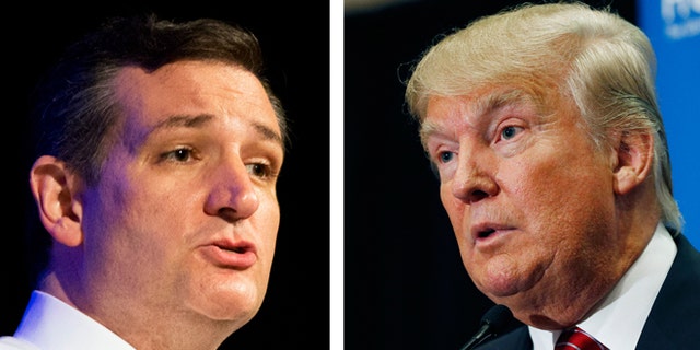 FILE - This two picture combo of file photos shows Republican presidential candidate, Sen. Ted Cruz, R-Texas, left, and Donald Trump. Two of the most outspoken Republican presidential candidates on illegal immigration, Cruz and Trump, are set to talk. Cruz, who requested the Wednesday meeting, told reporters at the Capitol that Trump "is bringing a bold, brash voice to this presidential race." (AP Photo/File)