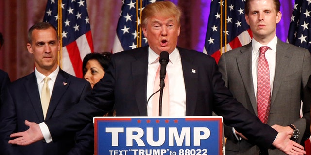Republican presidential candidate Donald Trump speaks to supporters at his primary election night event at his Mar-a-Lago Club in Palm Beach, Fla., Tuesday, March 15, 2016. (AP Photo/Gerald Herbert)