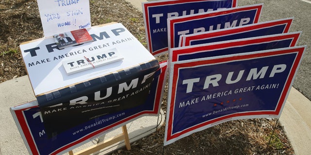 MECHANICSVILLE, MD - APRIL 25: Trump campaigns are for the taking at the Mechanicsville Elementary School polling station, April 26, 2016 in Mechanicsville, Maryland. Maryland is one of five states that is holding their primary elections today. (Photo by Mark Wilson/Getty Images)