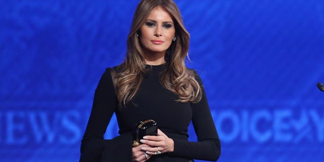 MANCHESTER, NH - FEBRUARY 06: Melania Trump, wife of Republican presidential candidate Donald Trump, stands on stage following the Republican presidential debate at St. Anselm College February 6, 2016 in Manchester, New Hampshire. Sponsored by ABC News and the Independent Journal Review, this is the final televised debate before voters go to the polls for the New Hampshire primary on February 9. (Photo by Joe Raedle/Getty Images)