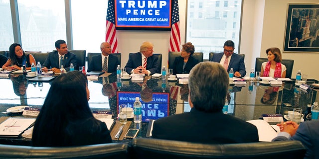 Republican presidential candidate Donald Trump holds a Hispanic advisory roundtable meeting in New York, Saturday, Aug. 20, 2016. (AP Photo/Gerald Herbert)