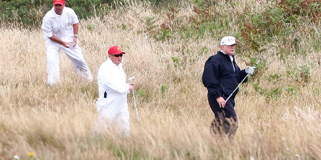 President Trump hits the golf course while on his visit to Scotland.