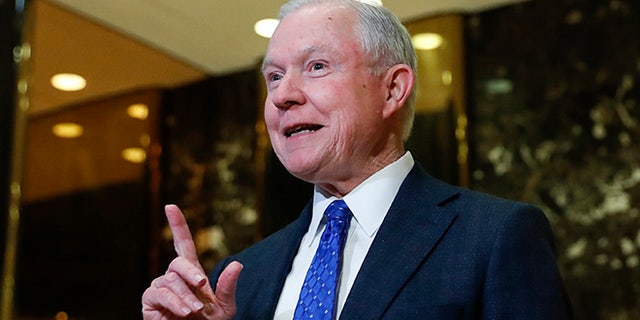 Sen. Jeff Sessions, R-Ala. and Kellyanne Conway, campaign manager for President-elect Donald Trump, speaks to reporters at Trump Tower in New York, Thursday, Nov. 17, 2016. (AP Photo/Carolyn Kaster)
