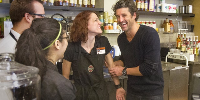 Jan. 4, 2013: Patrick Dempsey meets the staff at the Tully's Coffee in Seattle.