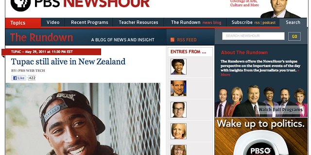 A screen capture of the PBS.org website, after hackers posted a story to the news agency stating that rap icon Tupac Shakur had been found alive in New Zealand.