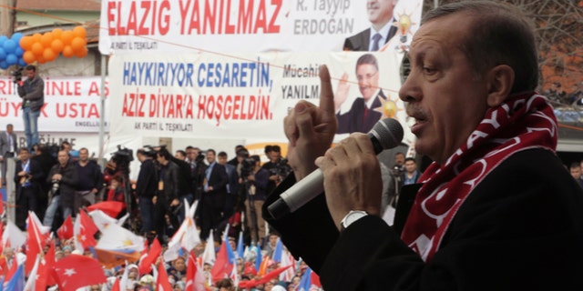 March 6, 2014: Turkish Prime Minister Recep Tayyip Erdogan addresses a rally of his Justice and Development Party in Elazig, Turkey. Turkey will hold nationwide municipality elections on March 30, 2014.