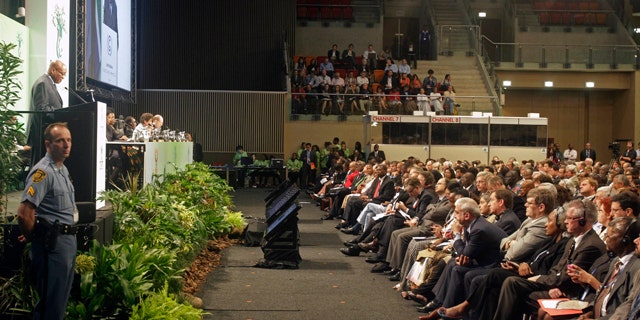 Nov. 28, 2011: South African President Jacob Zuma, left back, speaks during the opening ceremony of a climate conference in the city of Durban, South Africa, where negotiations have opened under the U.N. climate treaty to seek ways to curb emissions.