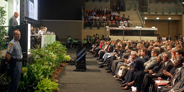 Nov. 28, 2011: South African President Jacob Zuma, left back, speaks during the opening ceremony of a climate conference in the city of Durban, South Africa, where negotiations have opened under the U.N. climate treaty to seek ways to curb emissions.