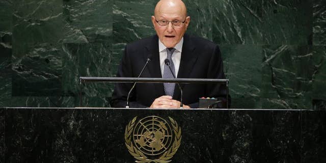Lebanese Prime Minister Tammam Salam addresses the 69th session of the United Nations General Assembly at U.N. headquarters on Friday, Sept. 26, 2014, at the United Nations headquarters. (AP Photo/Frank Franklin II)