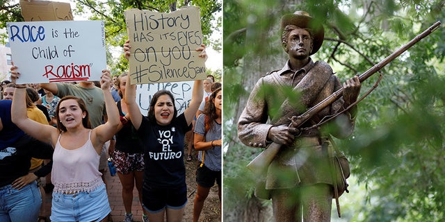 Students rallying for the removal of a statue of a Confederate soldier nicknamed Silent Sam on the campus of the University of North Carolina at Chapel Hill in August.