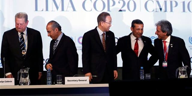 Attendees at the UN Climate Change Conference in Lima, Peru, on Thursday, Dec. 11, 2014, included, from left: Former Vice President of the United States Al Gore; Former President of Mexico Felipe Calderon; UN Secretary General Ban Ki-moon; Peru's President Ollanta Humala and Peru's Environment Minister and President of the COP, Manuel Pulgar Vidal.. (AP Photo/Juan Karita)