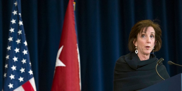 Roberta S. Jacobson, U.S. Assistant Secretary of State for Western Hemisphere Affairs Members, speaks with the media at the State Department in Washington, Friday, Feb. 27, 2015. The United States and Cuba claimed progress Friday toward ending a half-century diplomatic freeze, suggesting they could clear some of the biggest obstacles to their new relationship within weeks. (AP Photo/Cliff Owen)