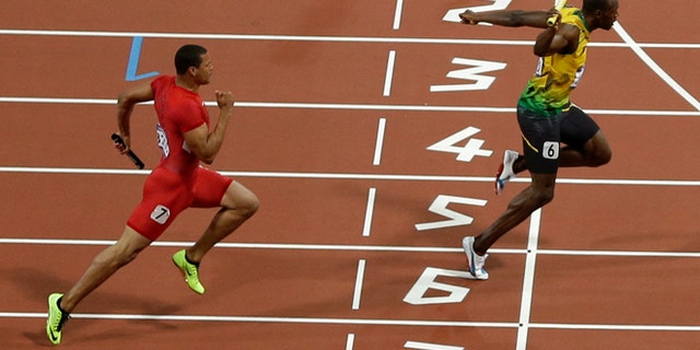 Aug. 11, 2012: Jamaica's Usain Bolt crosses the finish line ahead of United States' Ryan Bailey to win the men's 4x100 relay at the London Olympics.