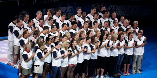 July 2, 2012: The U.S. Olympic swim team is introduced during the closing ceremony of the U.S. Olympic swimming trials.