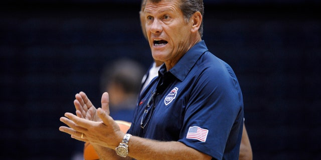 July 14, 2012: U.S. women' Olympic basketball team coach Geno Auriemma gestures during practice Saturday in Washington.