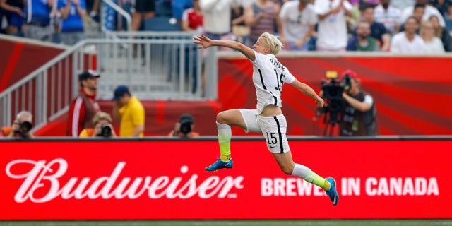 WINNIPEG, MB - JUNE 08: Megan Rapinoe #15 of United States celebrates her opening goal against Australia in the first half during the FIFA Women's World Cup 2015 Group D match at Winnipeg Stadium on June 8, 2015 in Winnipeg, Canada. (Photo by Kevin C. Cox/Getty Images)