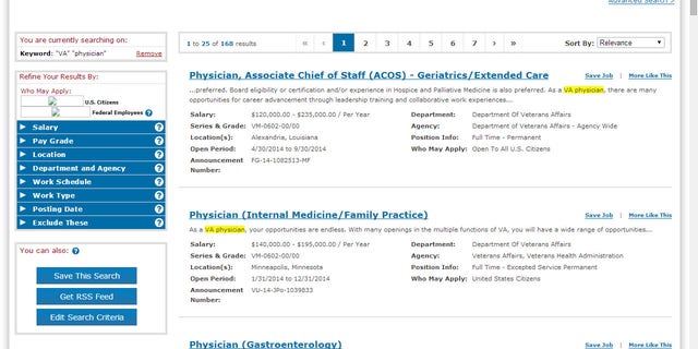 Screen grab of the federal USAJobs listing for Friday, May 23, 2014.