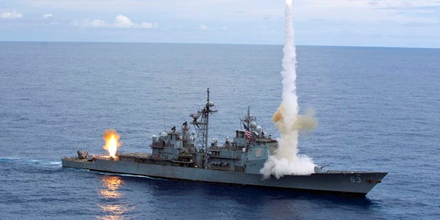 Handout photo taken September 20, 2012 and released to Reuters on September 25, 2012 of the Ticonderoga-class guided-missile cruiser USS Cowpens (CG 63) in the Pacific Ocean.