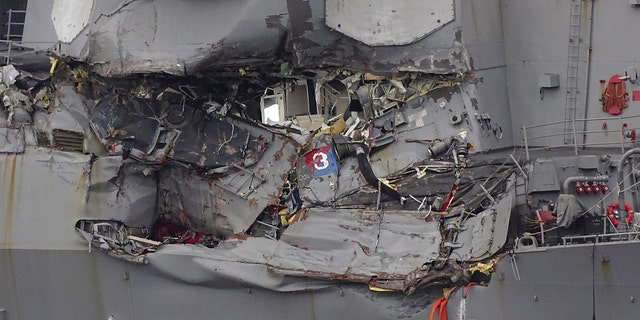 Damaged part of USS Fitzgerald is seen at the U.S. Naval base in Yokosuka, southwest of Tokyo June 18.