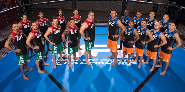 LAS VEGAS, NV - MAY 15: Team Velasquez and Team Werdum pose for a group portrait inside the Octagon on media day during filming of The Ultimate Fighter Latin America on May 15, 2014 in Las Vegas, Nevada. (Photo by Jeff Bottari/Zuffa LLC/Zuffa LLC via Getty Images) *** Local Caption ***Cain Velasquez; Fabricio Werdum