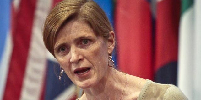 File-This Feb. 28, 2014, file photo shows Samantha Power, U.S. Ambassador to the U.N., speaking during a news conference after a private U.N. Security Council meeting. (AP Photo/Bebeto Matthews, File)