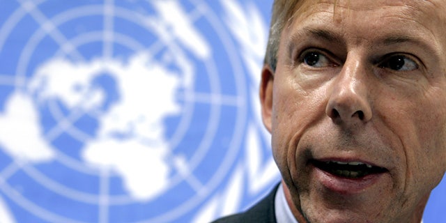 FILE - In this Feb. 13, 2006, file photo, Anders Kompass, the U.N. High Commission for Human Rights representative in Guatemala, speaks with members of the media during a news conference in Guatemala City. (AP Photo/Moises Castillo, File)