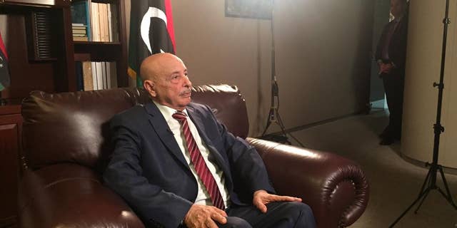 Libya's parliament speaker Ageila Saleh speaks during an interview Sunday, Sept. 27, 2015, at United Nations headquarters. (AP Photo/Cara Anna)