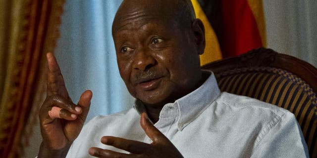 Republic of Uganda President Yoweri Museveni speaks during an interview, Tuesday, May 5, 2015, at the Waldorf Astoria in New York. Supporters believe that Museveni, who is one of the longest serving leaders on the African continent, will win another term should he decide to seek one in 2016. (AP Photo/Bebeto Matthews)